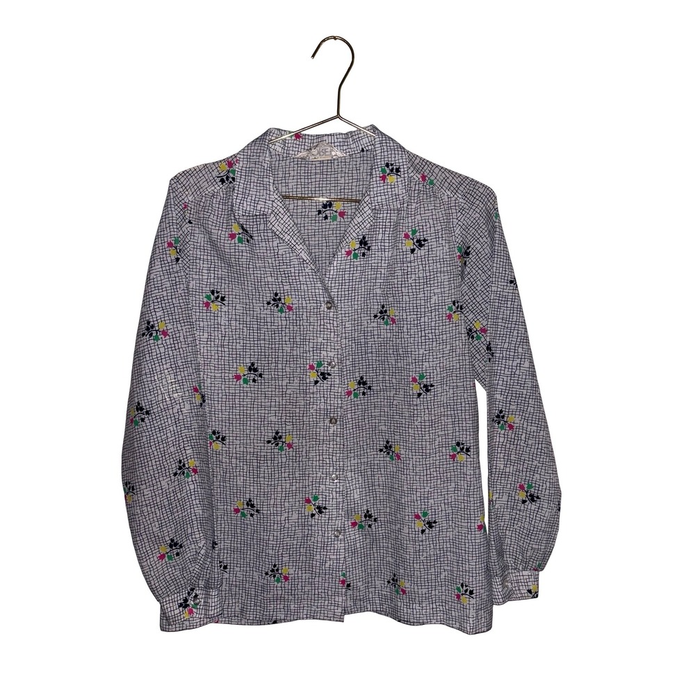 Vintage White Floral Grid Print Button Down Blouse Long‎ Sleeve Collar P2P 21"